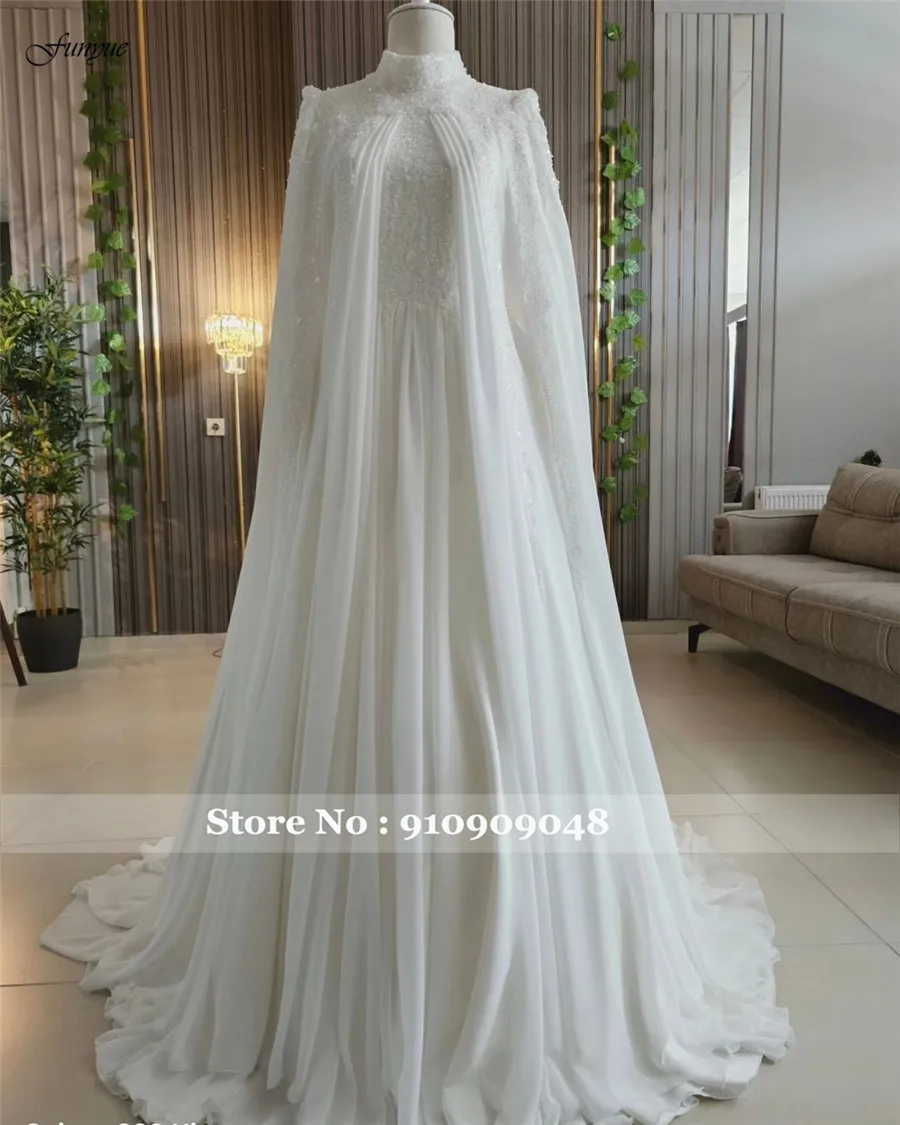 Funyue Chiffon Robe De Mariée Long Sleeve Muslim Wedding Gown for Women 2025 Bride High Neck Hijab Islamic Bridal Dress Arabic