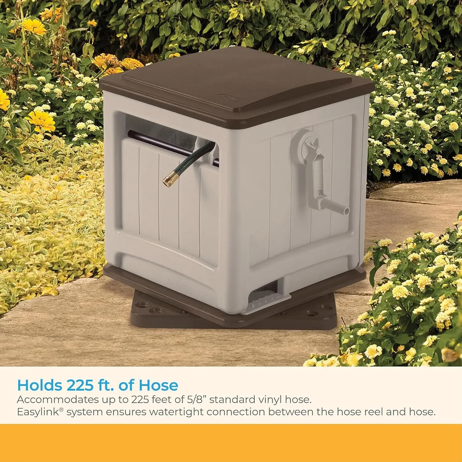 225ft Swivel Smart Trak Hose Hideaway, Resin Garden Hose Storage Reel , 25.75in x 24.25in x 24.25in, Light Taupe/Mocha