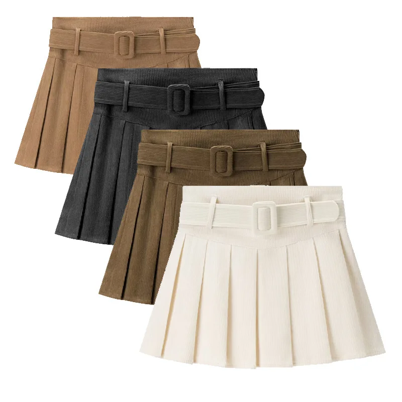 

Ladies' Cinched Waist Mini Dress Autumnwinter Fashionable Slimming Pleated Skirt with Belt Corduroy High-waist Short Petticoat
