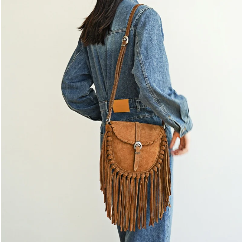 

New Genuine Leather Women Shoulder Crossbody Fringe Bag Luxury Designer Brand Sanding Cowhide Tassel Underarm Bag