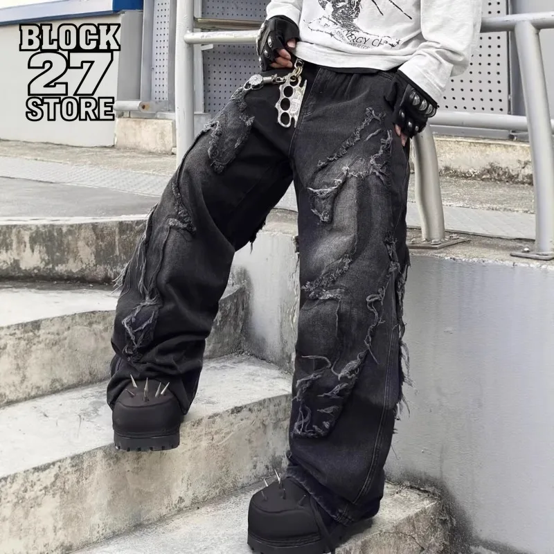 

Mens Jeans Harajuku High Street Streetwear Dark Punk Raw Edge Washed Denim Pants Loose Fit Straight Wide Leg Gothic Unisex New