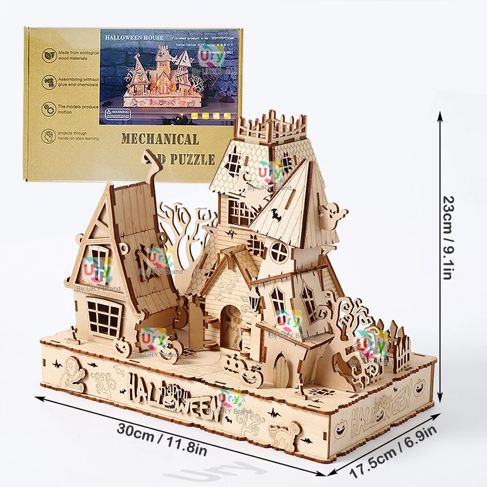 URY New 3D Halloween Haunted House Wooden Puzzle Ghost Tree Light DIY Model Craft Kits Desk Decoration Toys Gift for Kids