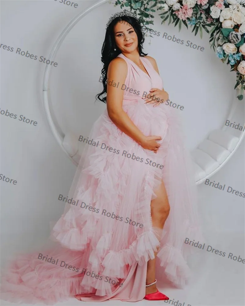 Pink Tulle Women Pregnant Pajamas Bridal Wedding Dresses Photo Shoot Ruffles Custom Made Sexy V Neck Sleeveless Prom Party Robe