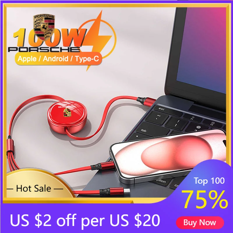 

Car Sticker For Porsche Cayenne Panamera Macan 911 High Quality Retractable 100W Fast Charge Cable For iPhone USB Type C/Micro F