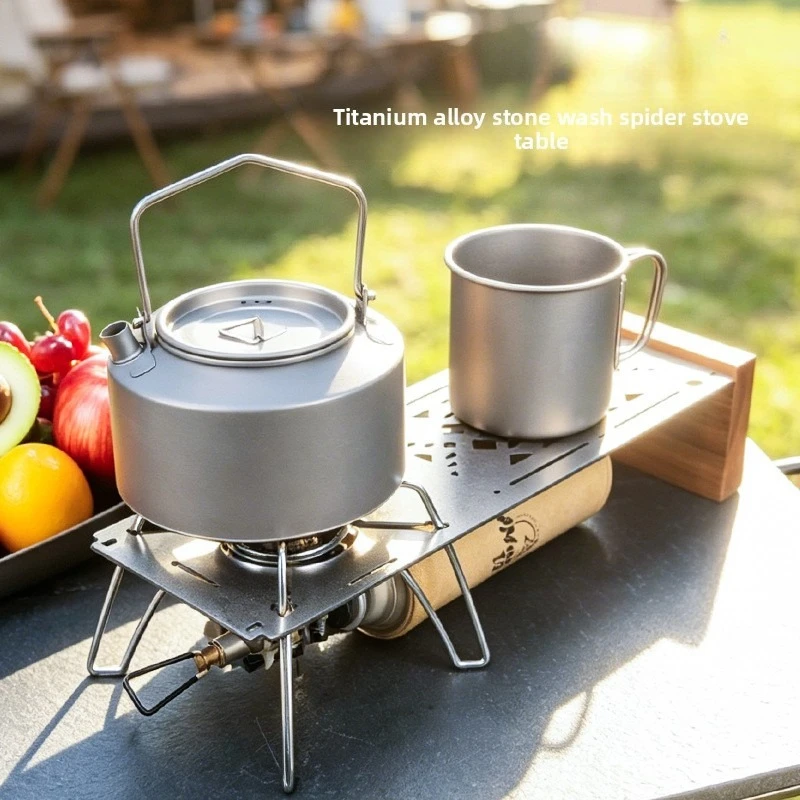 Titanium Alloy Material Outdoor Camping Spider Stove Table Board, Titanium Alloy Tabletop With Wood Handle For Hiking