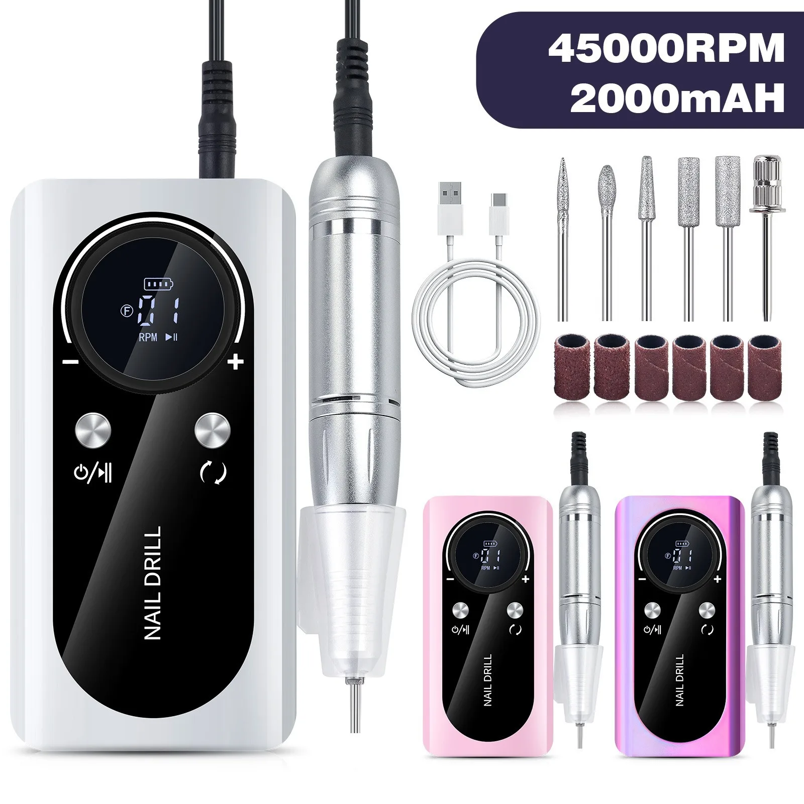YIKOOLIN Professional 45000RPM Electric Portable Nail Drill Machine Rechargeable Low Noise Nail Sander File for Manicure Salon
