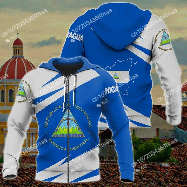 Nicaragua National Flag Hoodie Men's and Women's Zip Hoodie Casual 3D Print Hoodie Men's Zip Hooded Sweatshirt Custom Name