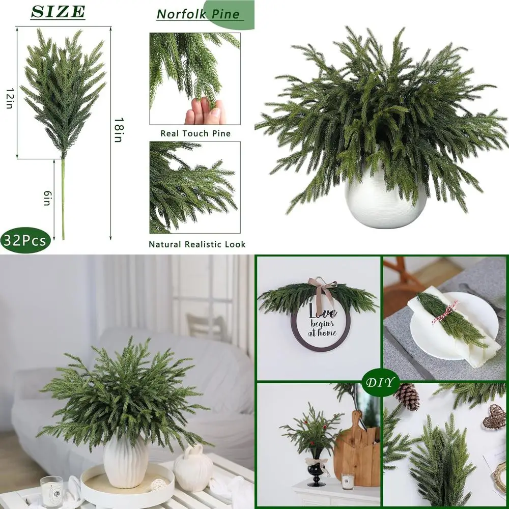 

18-Inch Artificial Norfolk Pine Branches - 32 Pack for DIY Xmas Decor, Wreaths, and Crafts