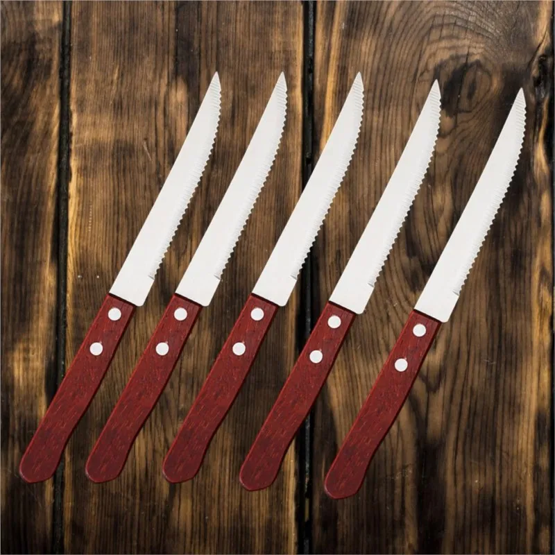 Cuchillo para carne de acero inoxidable, juego de cuchillos para carne afilados con mango de madera para cena, mesa de restaurante, vajilla, 1-20 Uds.