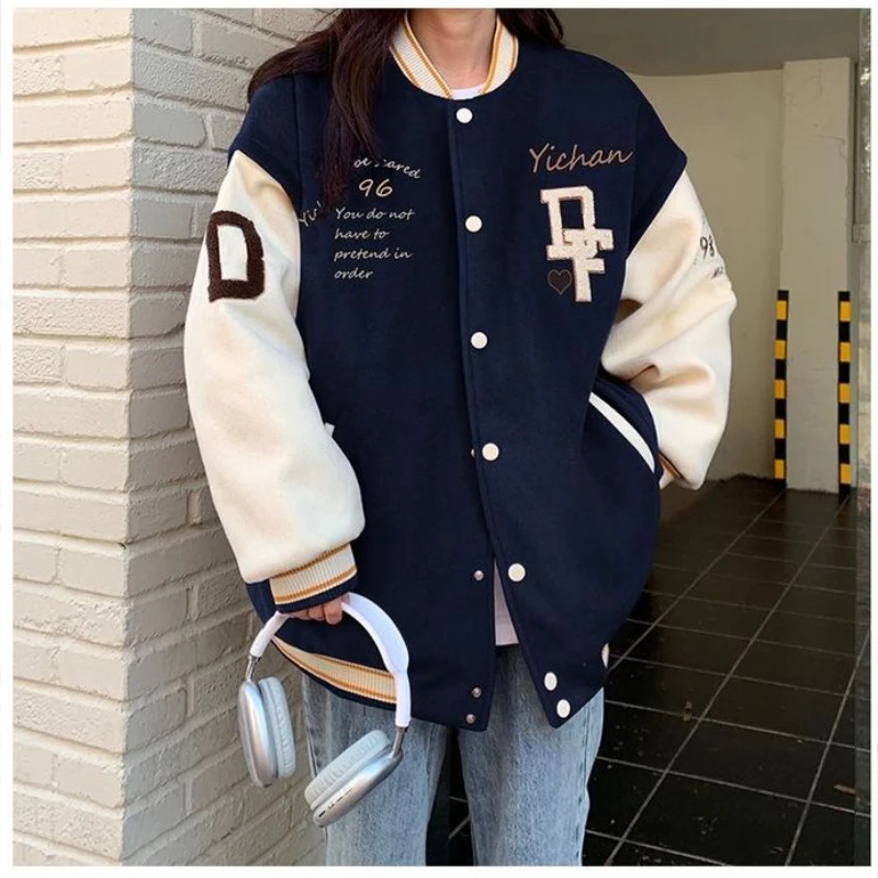 Imagem -04 - Deeptown Vintage Varsity Bombardeiro Jaqueta Feminina de Grandes Dimensões Coreano Moda Streetwear Harajuku Y2k Jaquetas Femininas Novo em Outerwear