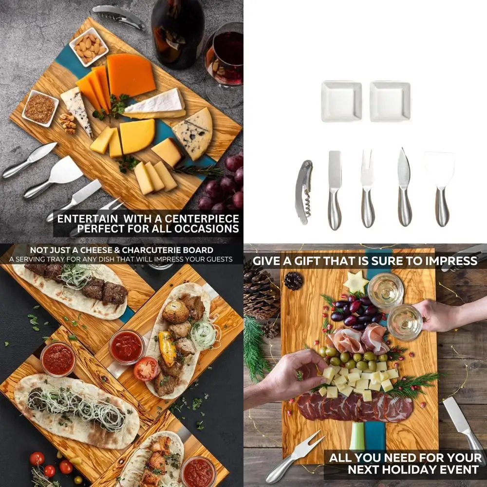 

Elegant Blue Resin Italian Olive Wood Cheese Board Set with 4 Knives, 2 Bowls, and Corkscrew