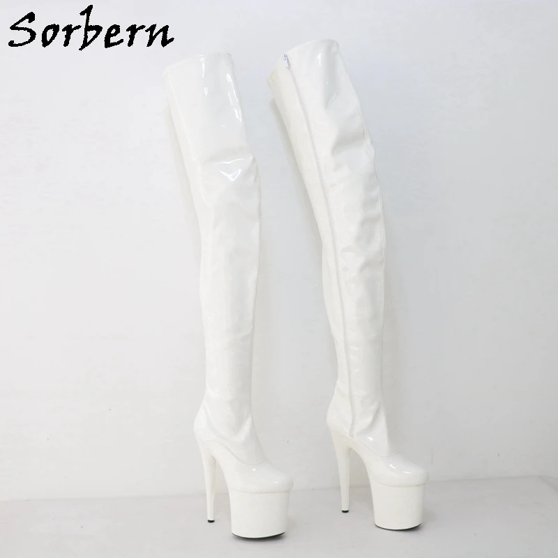 Sorber White Glossy Pole Dance Boots donna 73-82cm cavallo coscia alta 20Cm tacco spogliarellista scarpa con piattaforma spessa lunghezza