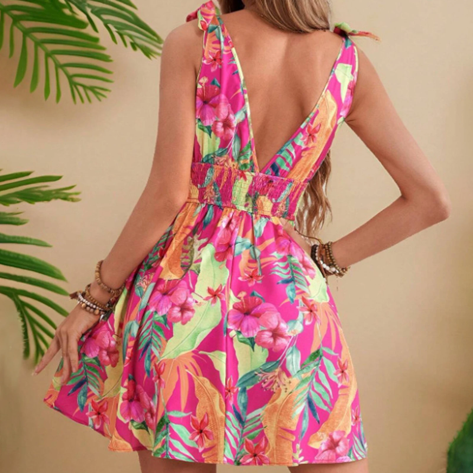 Abito da donna con spalle scoperte e fiocco Abito estivo senza maniche con stampa floreale a vita smock Abito corto e fluido