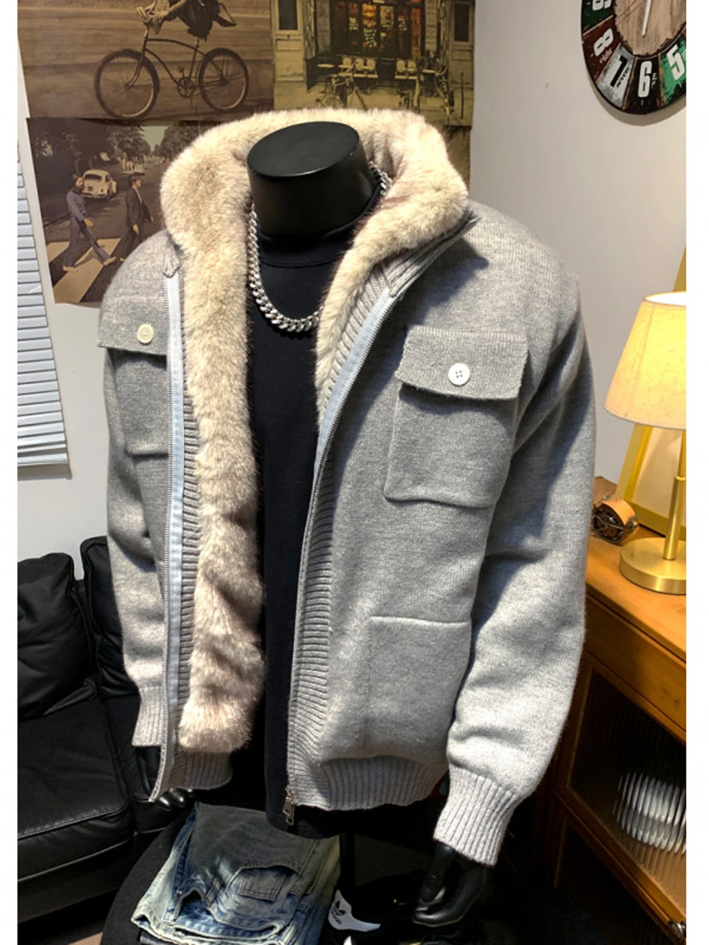 

Cleanfit Thiened Knitted Sweater Coat with Fur Collar for Men And Women Autumn Winter Couple Sle Cotton Jaet Warm Cozy