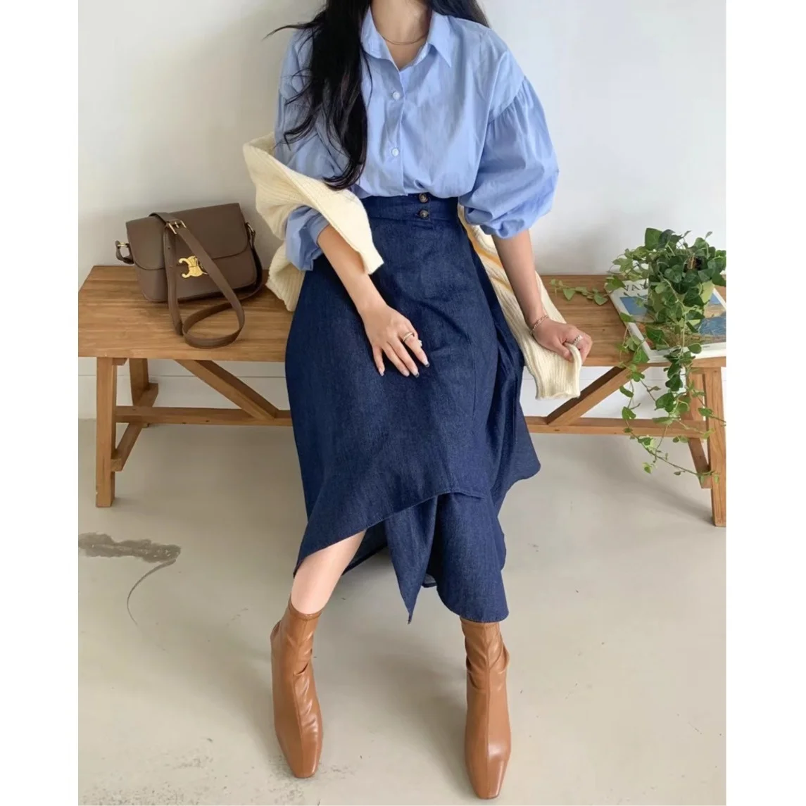 

High Waist Lantern Sve irt And f Skirt Set Women's Faion Ensemble Turn-down Collar Top with High Waist Skirt