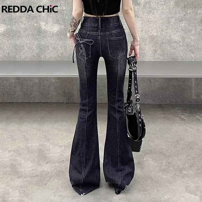 

REDDACHiC Acubi Fashion Women Ribbon Flare Jeans Vintage Wash High Rise Raw Edge Bow Bootcut Denim Pants Korean Y2k Streetwear