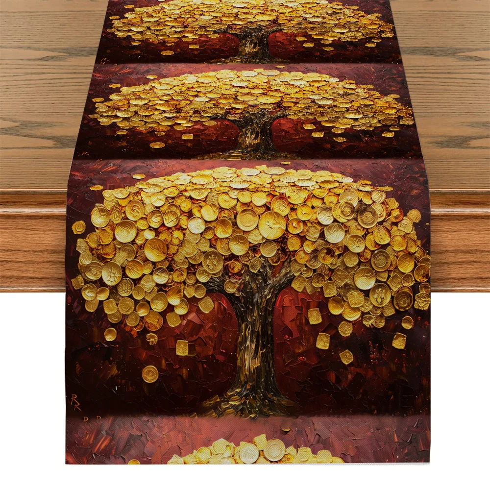 Gold Tree Gold Coin Oil Paint Table Runner Kitchen Table Decor Farmhouse Dining Table Runners Wedding Party Decorations