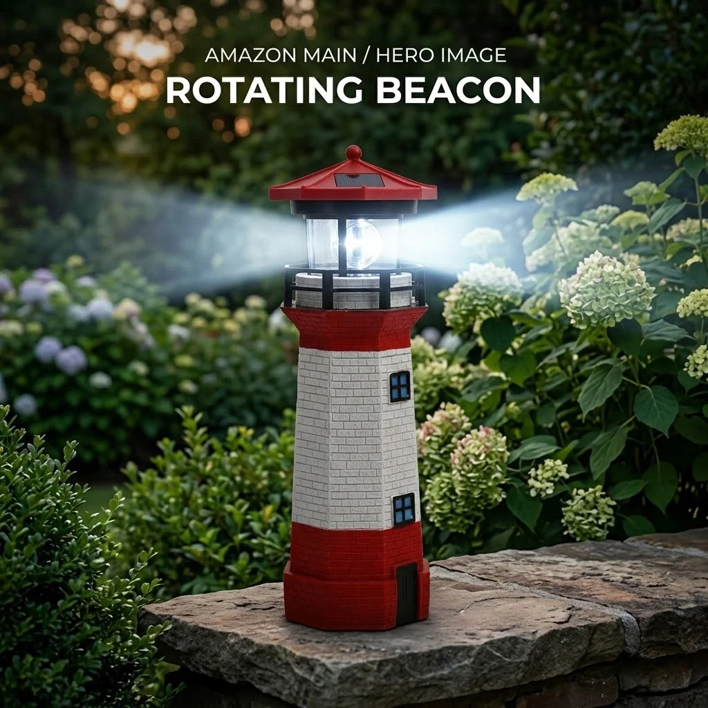 Solar Red & White Lighthouse Statue with 360° Rotating Beacon Light - Solar Powered Dusk to Dawn Automatic Sensor Outdoor Decor Light, Durable All-Weather Resin Garden Light for Patio Yard Lawn Landscape