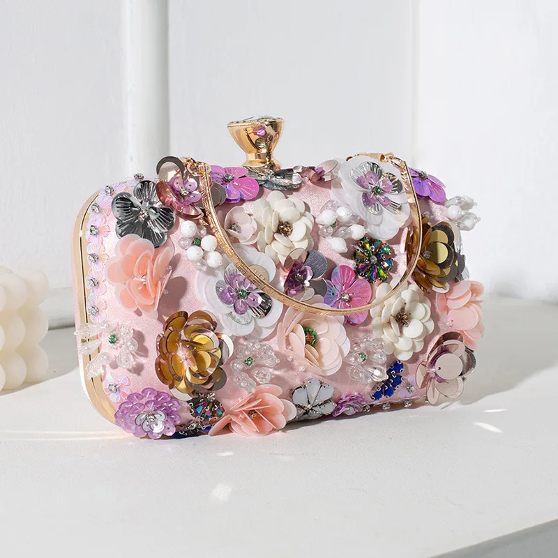 Fashion Women Flower Evening Handbag Chain Strap Shoulder Bag Multicolored Handmade Party Clutch Purse for Wedding Beaded Bags