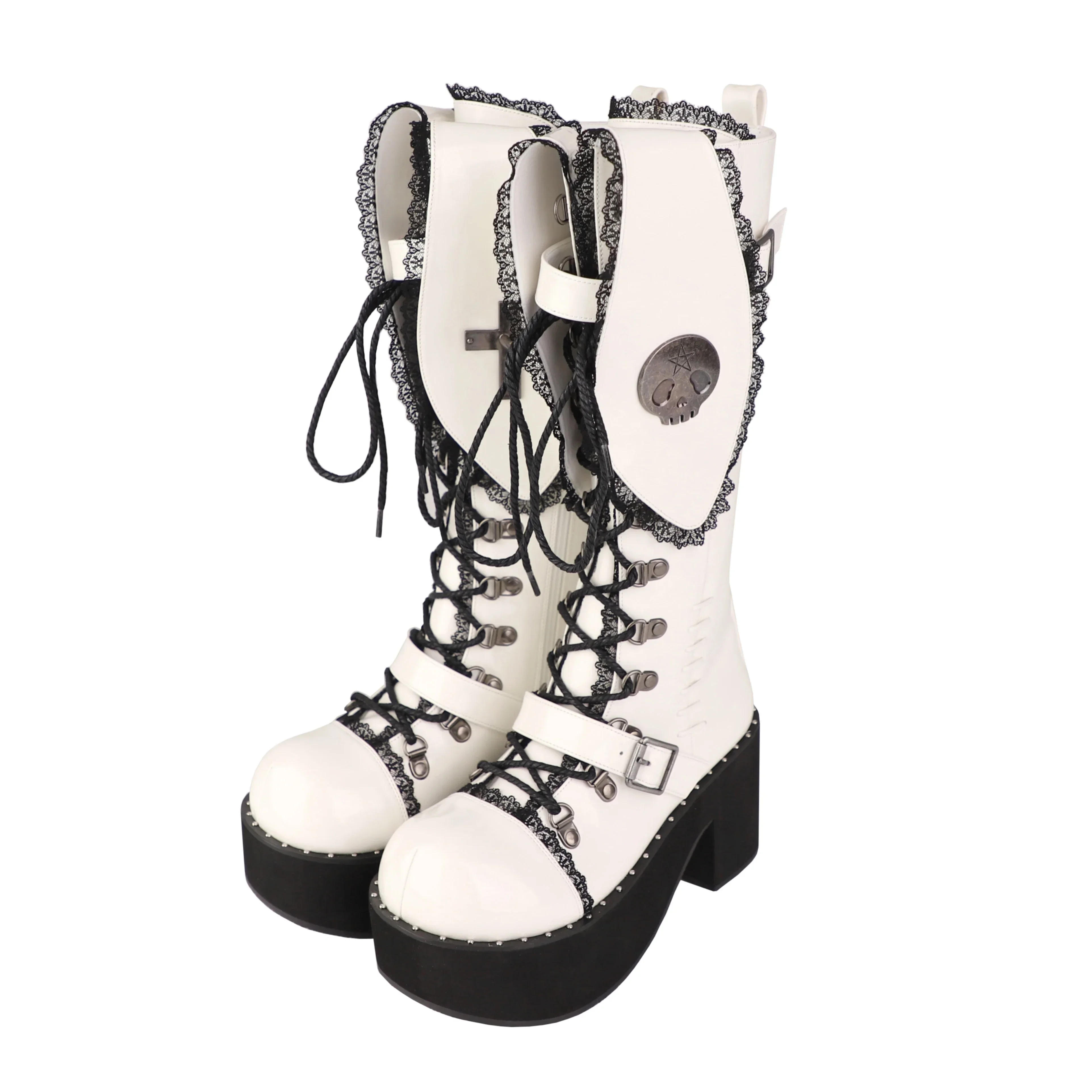 Fashion All-Match Japanese Lace Punk Gothic Lace-up Women's Winter Boots Sweet Cute Lolita Metal Decoration High-Heel Boots