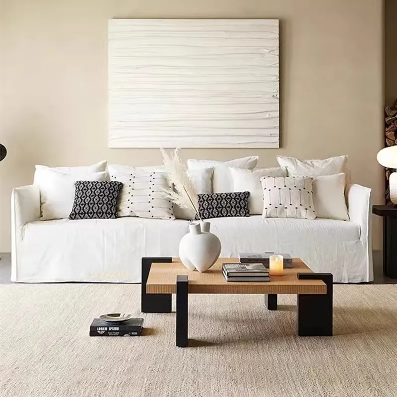 North American wabi style Japanese style white cream linen cotton and linen designer living room B & B straight row disassembly