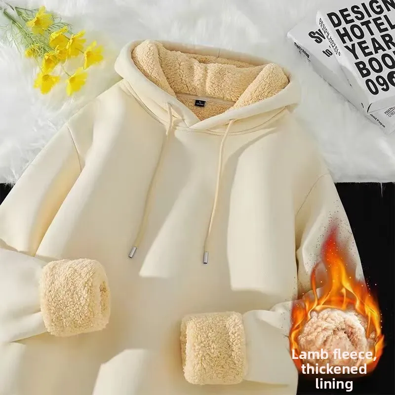 

Thickened Lamb Velvet Hoodie Sweatshirt Unisex Autumn Winter Warm Hat Shirt Women's Fashion Polyester Fabric Long Sleeve