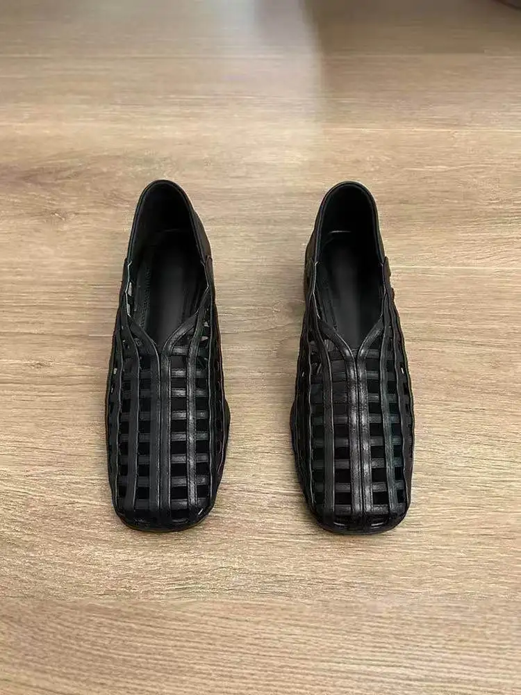 Elegant Black Square Mid Heels Sandals Chic Hollow Out Fishnet Loafers Slip on Comfy Walking Women's Shoes