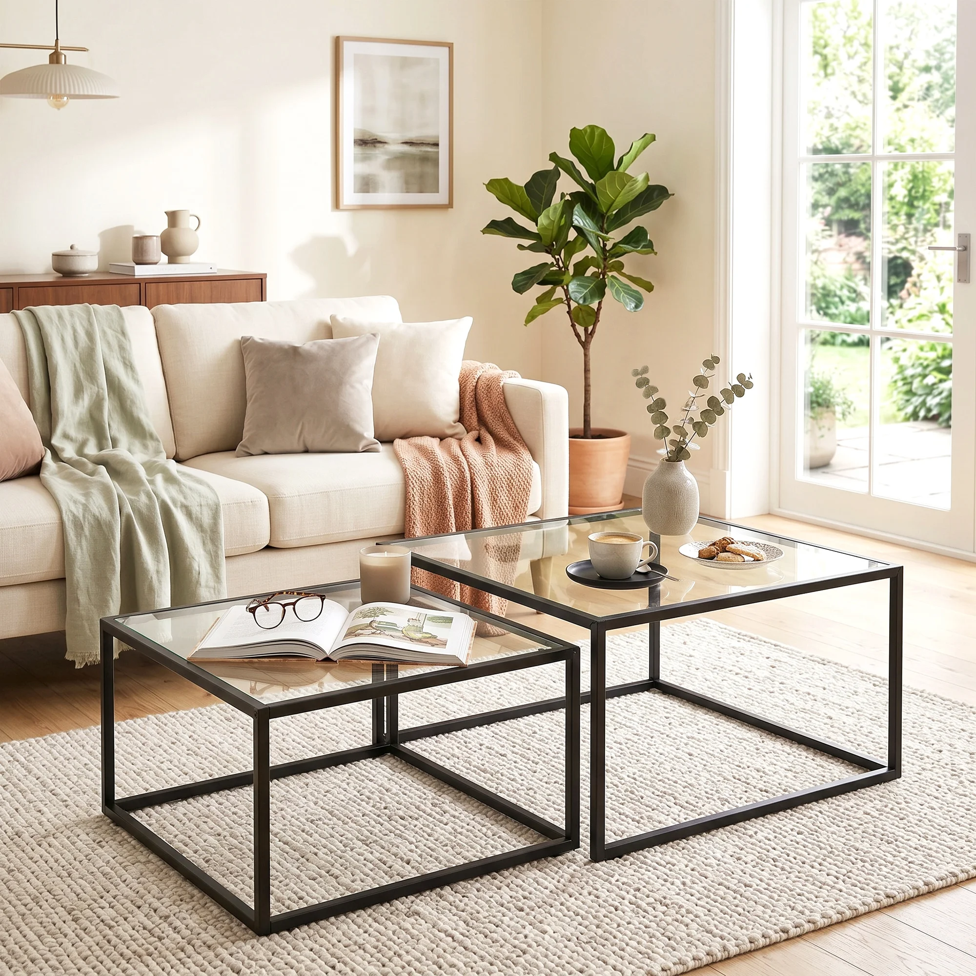 Tables basses, lot de 2 tables gigognes rondes avec plateau en verre trempé et structure en métal pour salon noir
