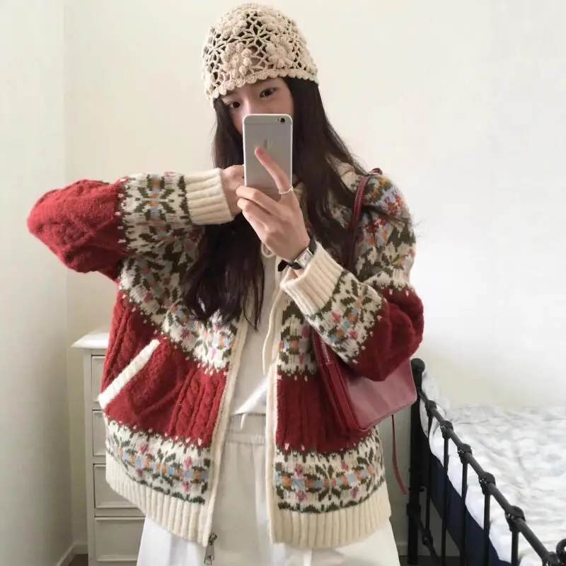 

Girl's Fair Isle Sweater Knitted Cardigan Hooded Pullover Thicken Women's Autumn Winter Korean Style Retro Zipper Knitwear Coat