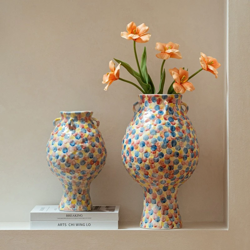 High-end five-color hand-painted high-temperature ceramic vase niche art soft decoration flower vessel