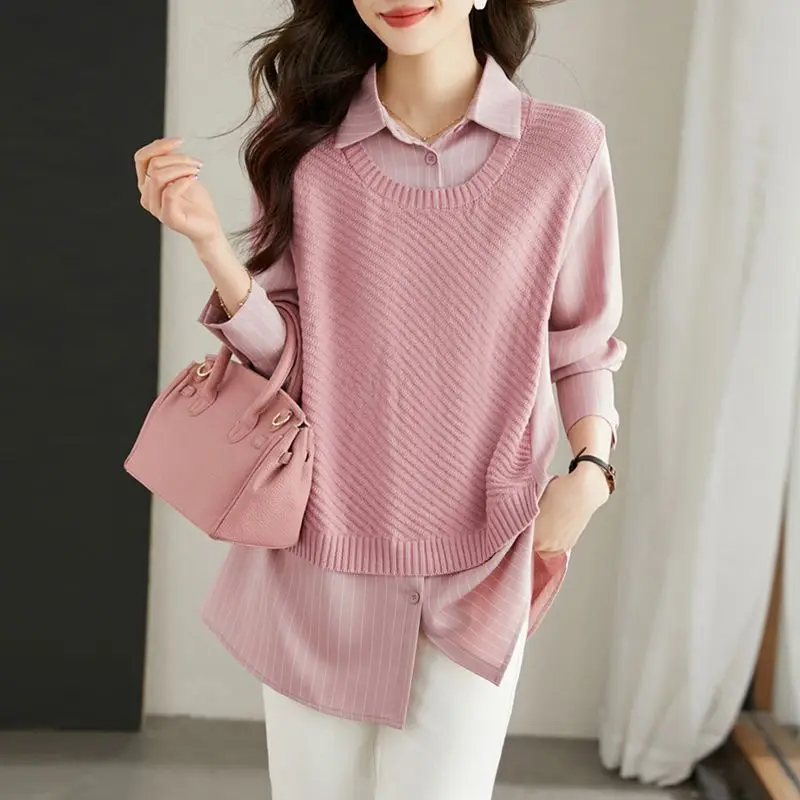 New Fashionable Loose Splicing Shirt for Women 2024 Spring Edition, Elegant and Gentle Style, Pink Fake Two Piece Knitted Shirt