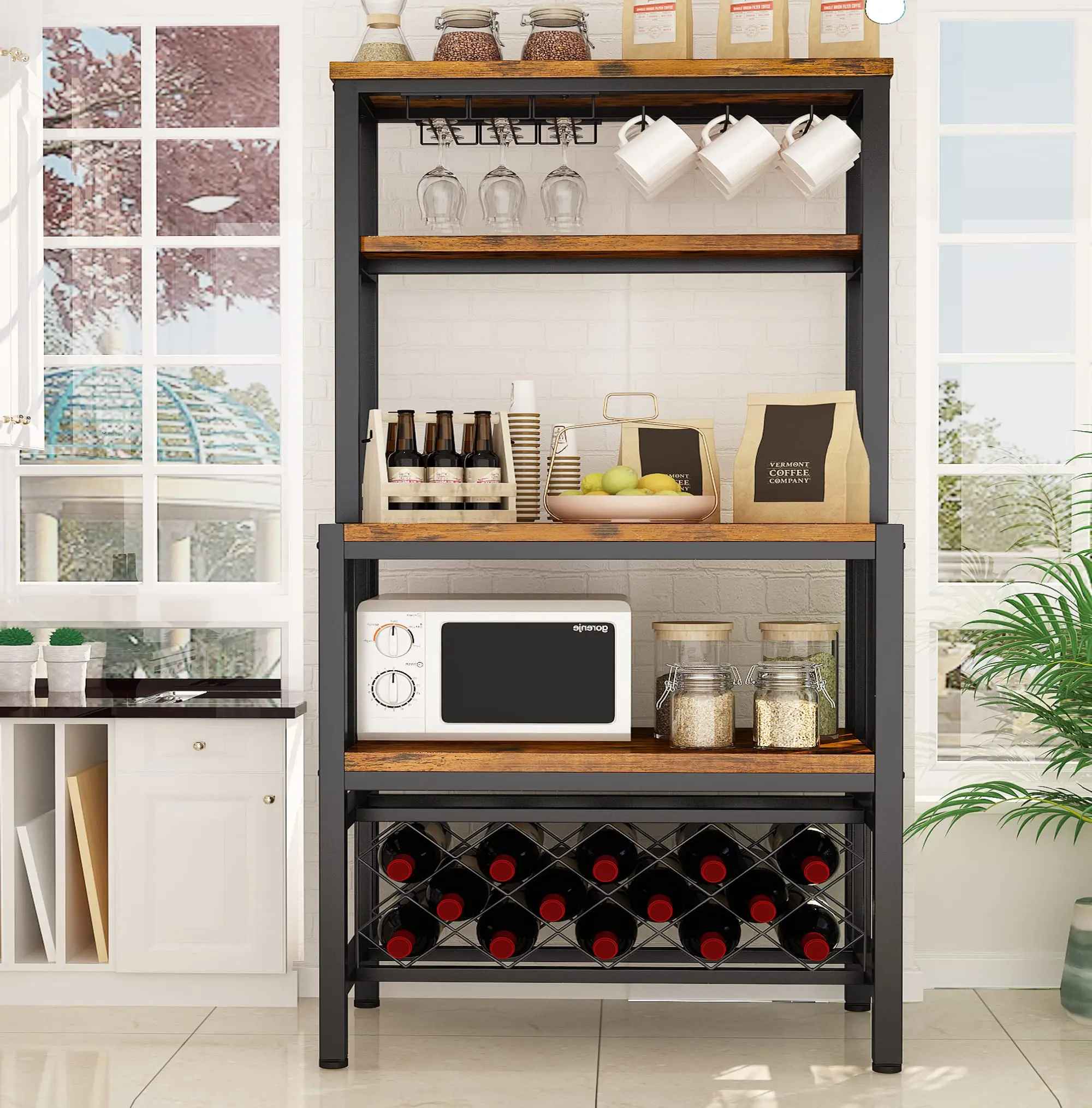 5-Tier Kitchen Bakers Rack, MDF Wood and Iron Microwave Stand with Wine Bar Rack, Coffee Bar Table, 30.11