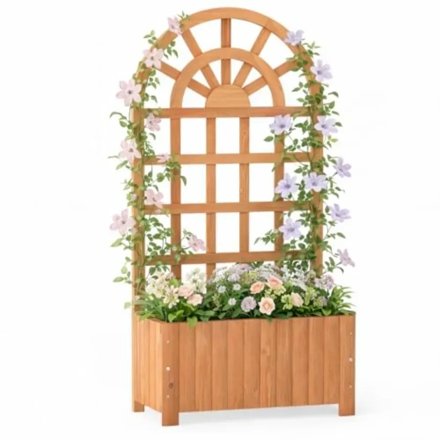 Wooden Raised Garden Bed with Arched Trellis Set 2, 48