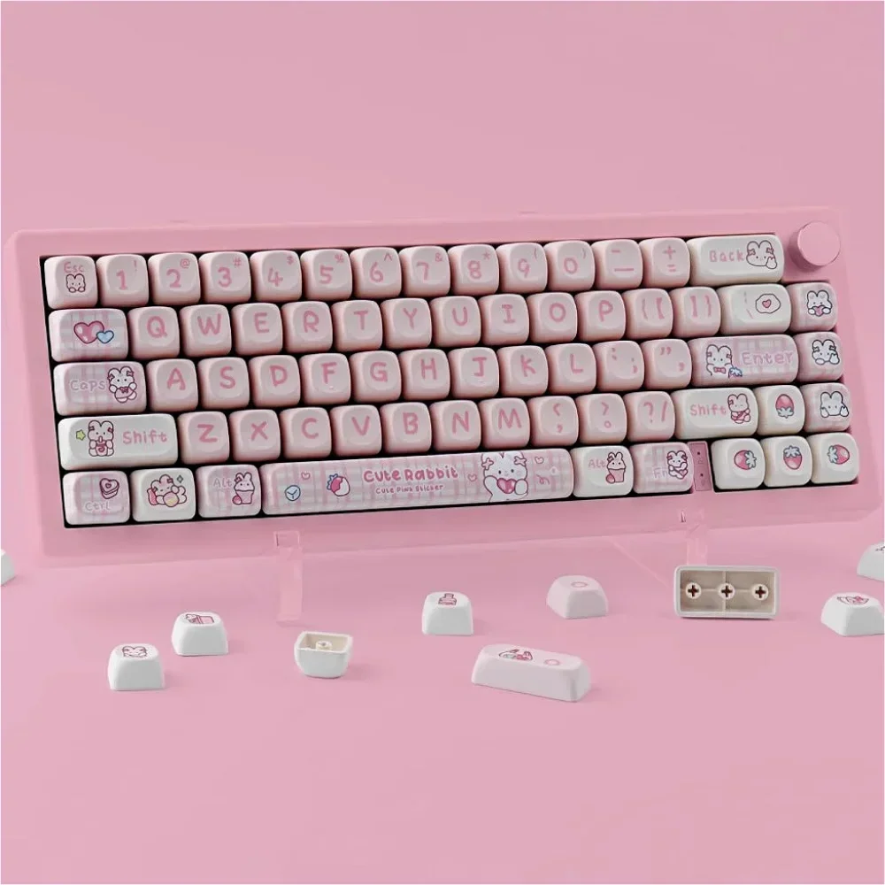 Cute Pink Bunny MOA Keycaps Pbt Heat Sublimation Small Full Set for MX Switch 60/71/84/90/104/108 Mechanical Keyboards