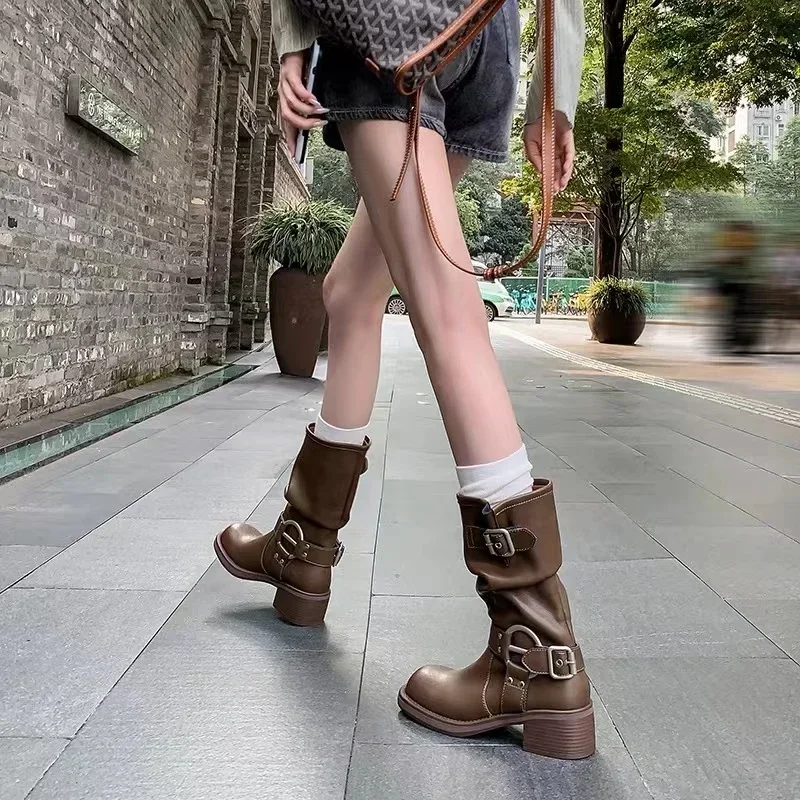 Square Heel Women Western Cowgirl Boots Fashion Belt Buckle Shoes Retro Style Autumn Winter Ladies Knight Mid Calf Booties