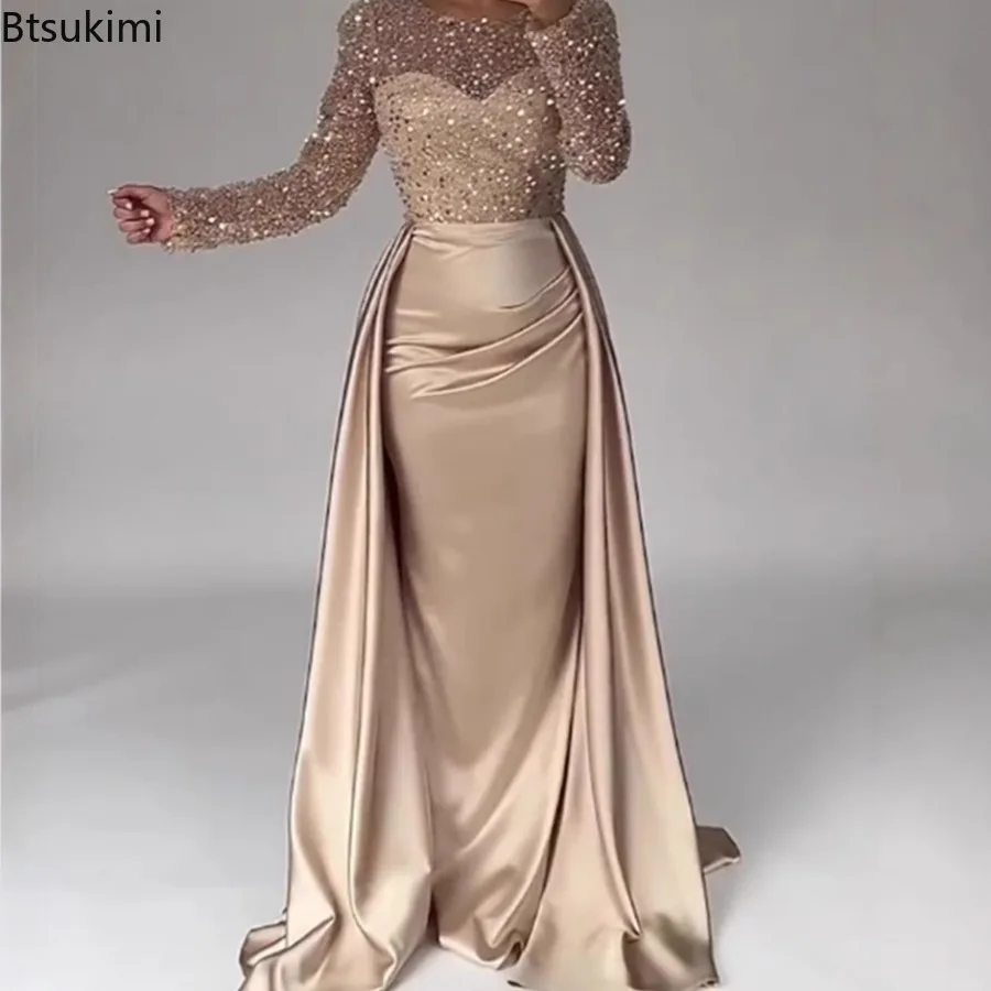 Eleganckie sukienki wieczorowe damskie 2026, szykowne, z cekinami, z dekoltem typu O, długim rękawem, plisowane, maxi, seksowne, z wysokim stanem, wyszczuplające suknie bankietowe.