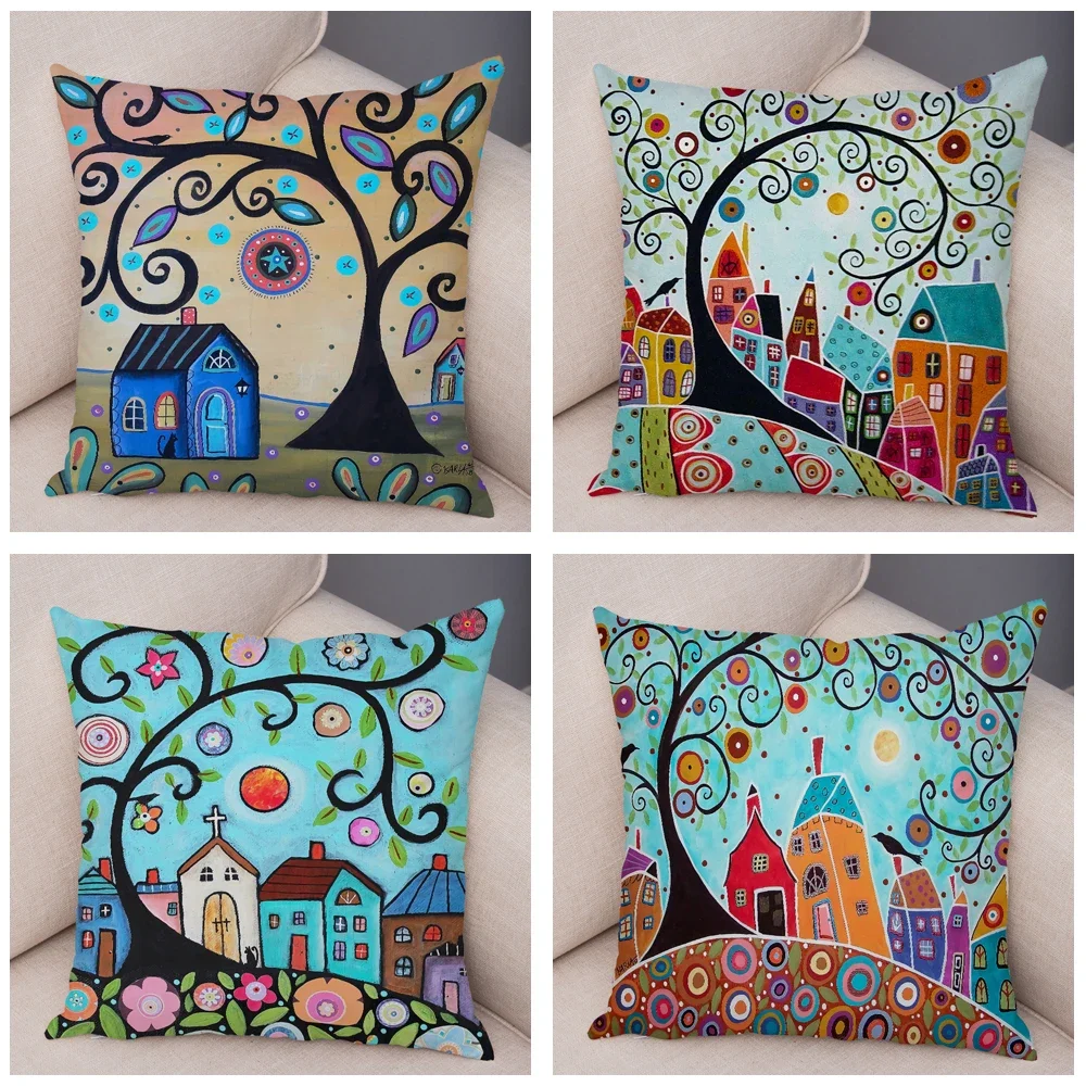 Retro Rural Color Cities Cushion Cover for Sofa Home Car Decor Colorful Cartoon House Pillow Case Tree Short Plush Pillowcase