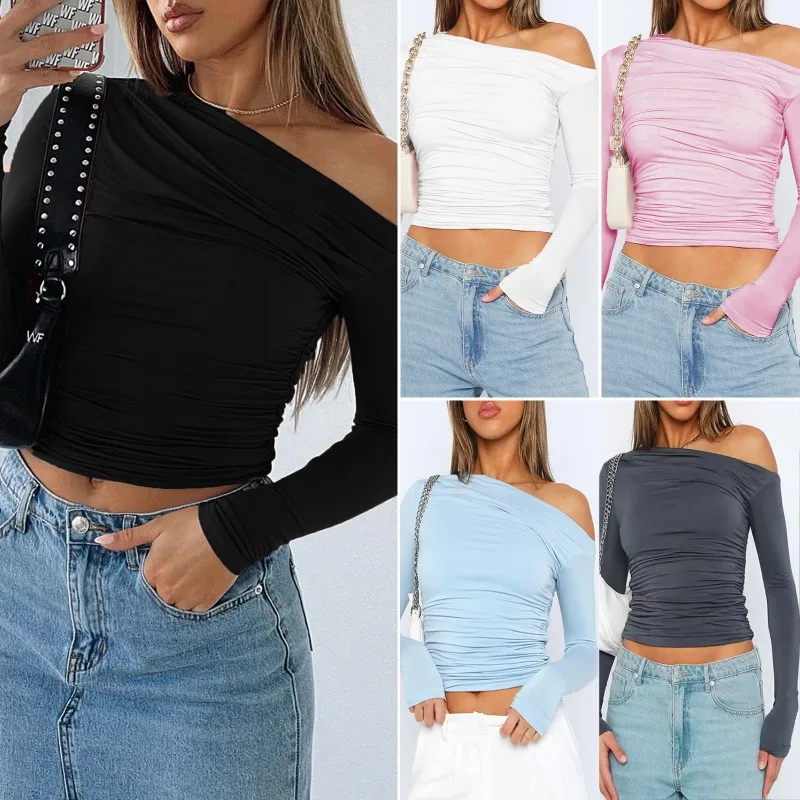 

Women's Casual Long Sleeve Boat Neck Off Shoulder Slim Fit Crop Top Going Out Blouses Tight Shirts Women's Clothing