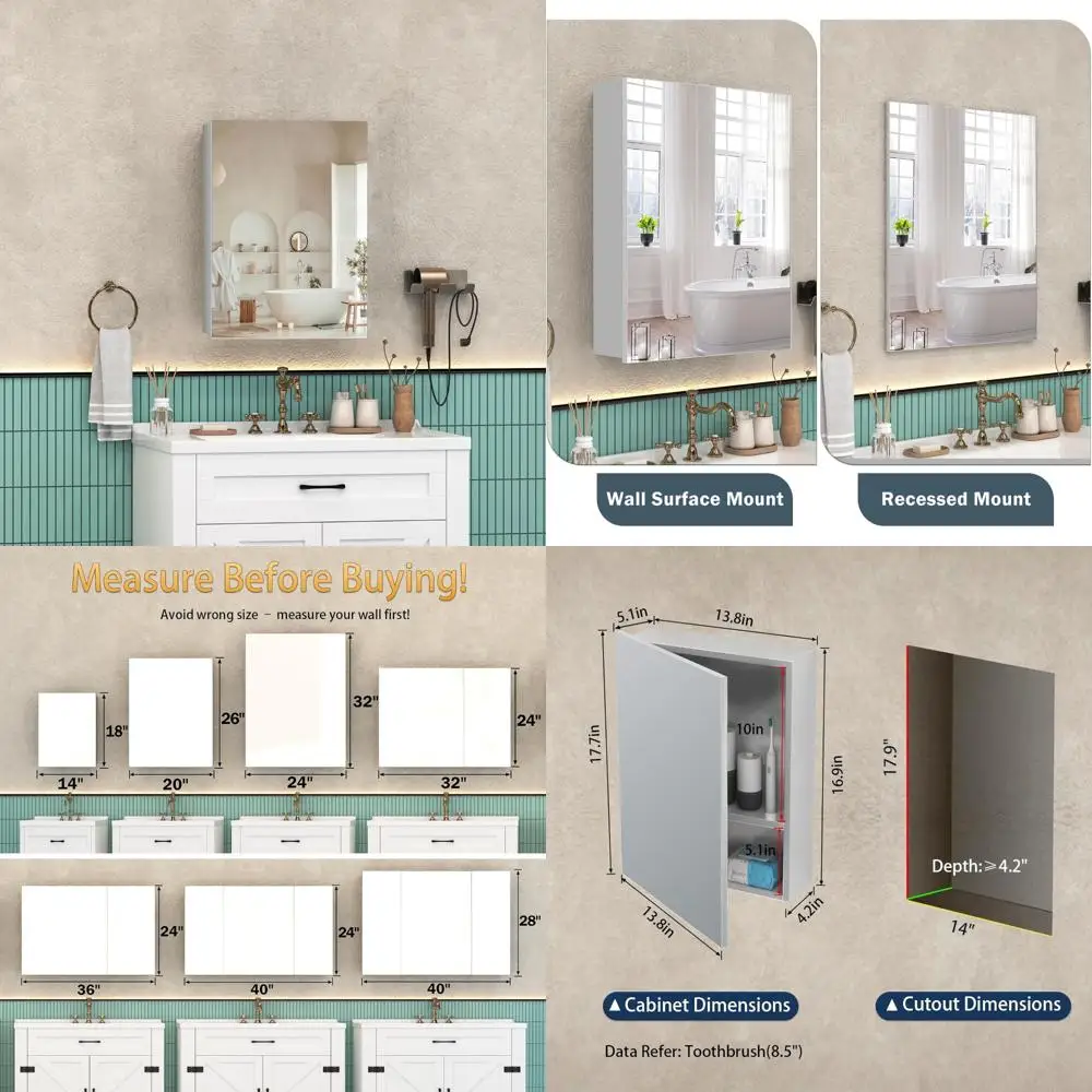 

Bathroom Medicine Cabinet with Mirror and Storage, Pre-Assembled Recessed or Surface Mount Small Silver Medication Organizer