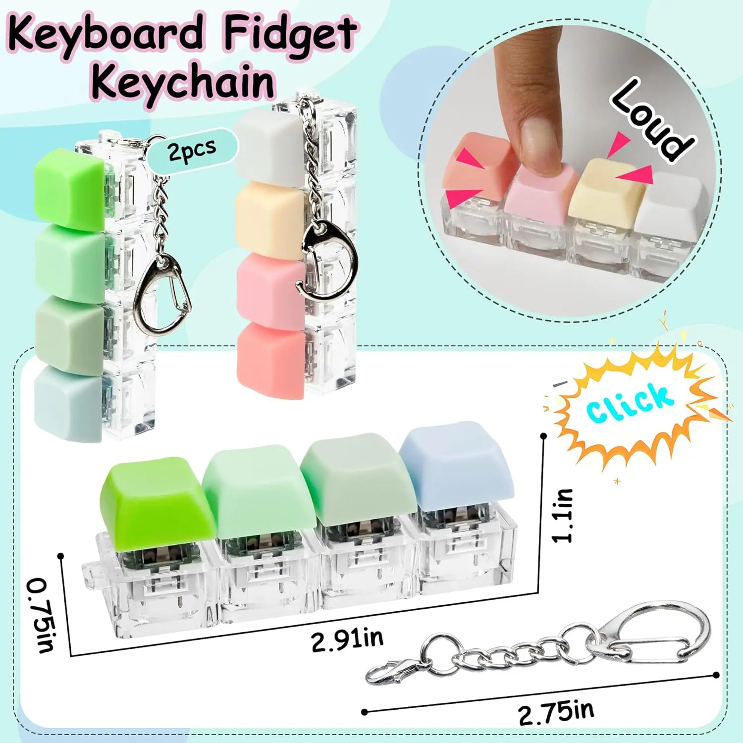 Keyboard Fidget Toy 4-in-1 Keyboard Decompression Button Finger Clicker Toys, Button Stress Relief Keychain Fidget Gifts