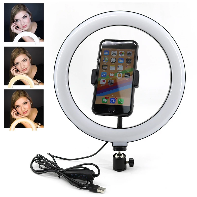 26cm LED Ring Light Photographic Selfie Ring Lighting Tripod Phone Holder Circle Fill Light Dimmable Lamp for Makeup Video Live