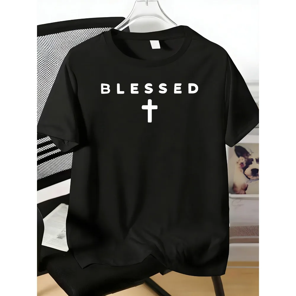 Men Crew Neck Short Sleeve T Shirt Blessed Cross Faith Letter Print Soft Cotton Religious Daily Casual Male Summer Basic Top