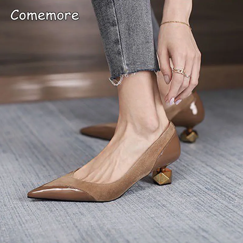 Comemore Shallow Mouth Fashion Women\'s Shoe Summer 2023 New Classic Pointed Thick Heel Female Pumps Retro Ladies Heeled Shoes 39