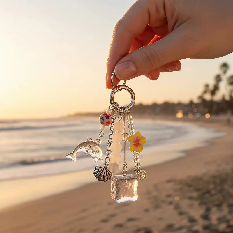 1Pcs Cute Retro Dolphin Lace Flower Bag Charm Y2K Summer Beach Ocean Tassel Keyring Phone Lanyard Backpack Purse No Break