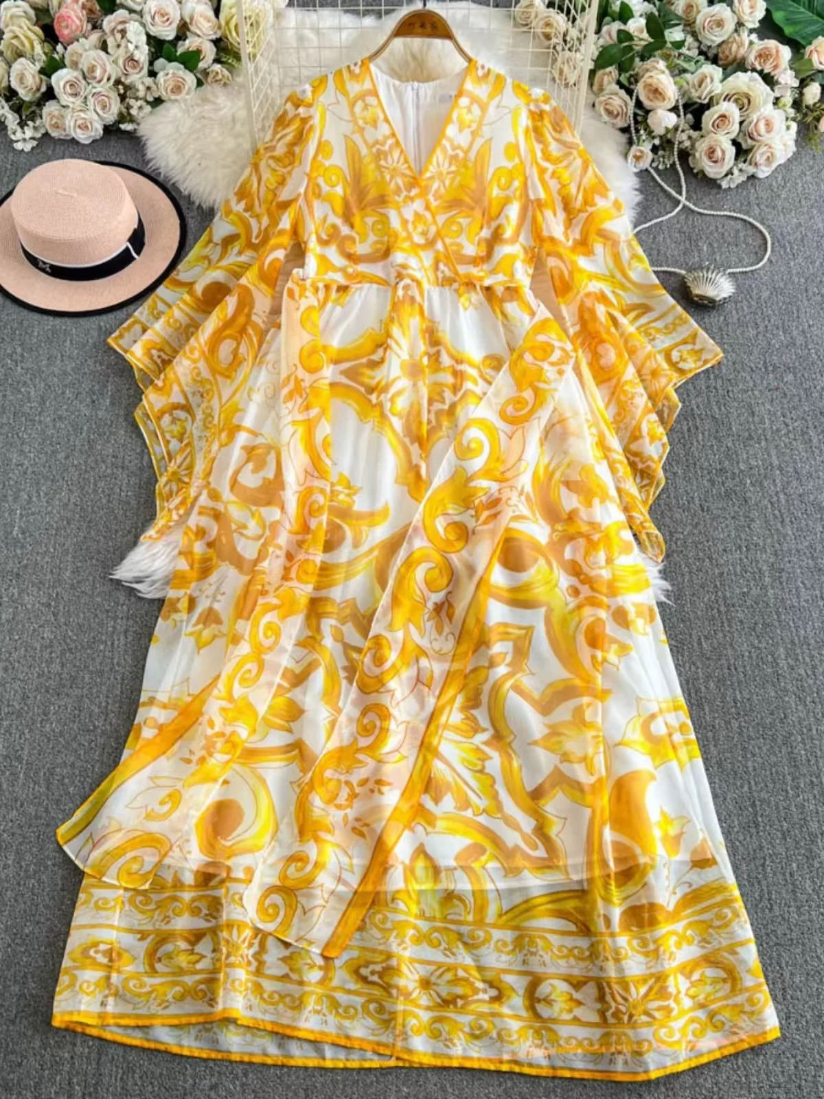 French High-end V-Neck Printed Dress For Women Autumn Temperament Chiffon Flared Sleeves Tie-up Slim A-Line Casual Long Skirt