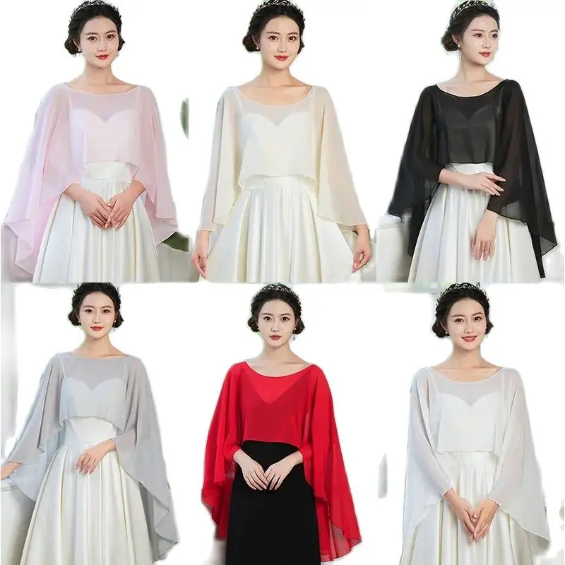 Women Black Chiffon Bolero Wedding Elegant Simple Soft Casual Cape Dress Prom Party Shrug For Lady Evening Dress Red White Shawl