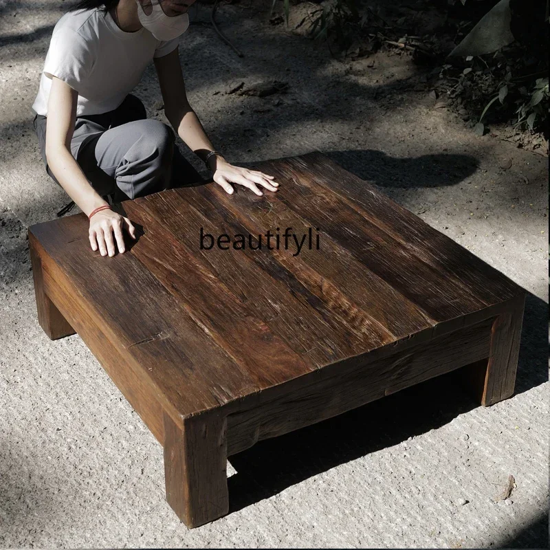 

Ancient wood wabi-sabi wind short square table solid wood, weathered pattern coffee table solid wood logs, old wood homestay