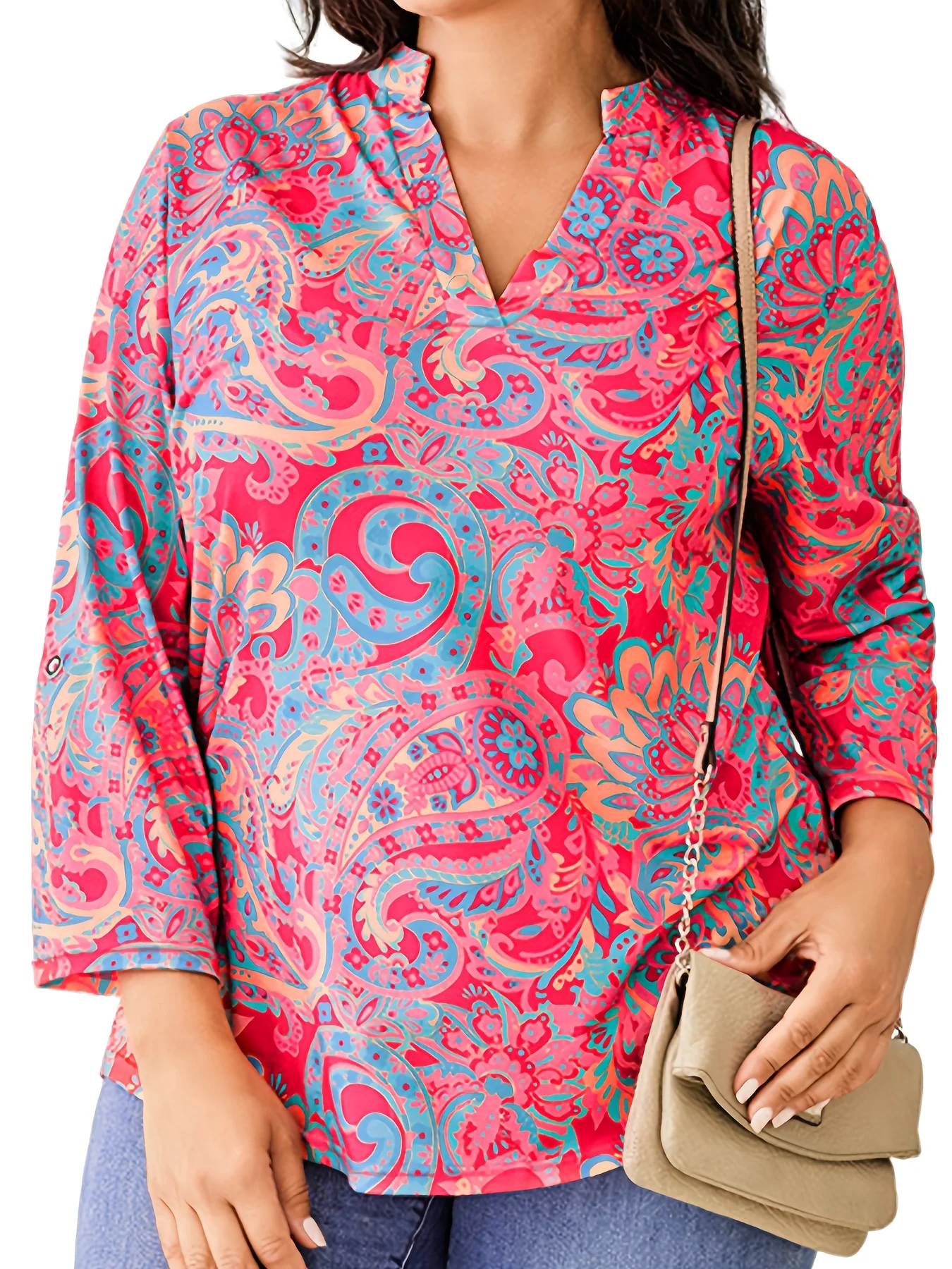 Plus Size Damen-Top mit Paisley-Print, Boho-Bluse mit 3/4-Ärmeln und V-Ausschnitt, lässiges Hemd für kurvige Frauen
