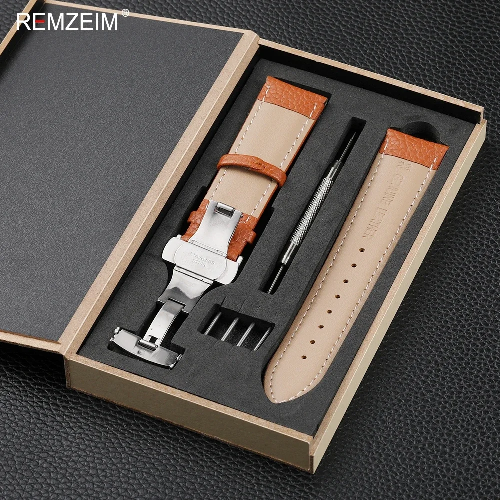 Litchi Pattern Design Leather Wrist Band 18mm 20mm 22mm Men Women Strap with Butterfly Buckle Gift Box Packaging Watchband image 4