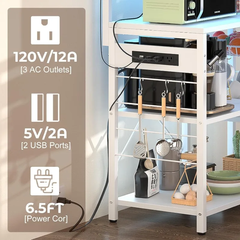 Bakers Rack with Power Outlet and LED Light Strings, Microwave Oven Stand Kitchen Storage Shelf with Wire Basket, Coffee Bar